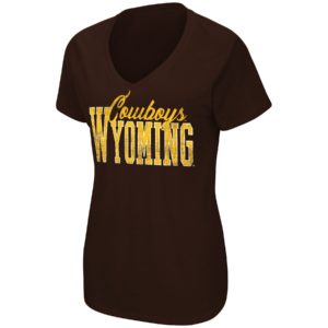 women's brown, soft v-neck short sleeved tee. Slogan Cowboys Wyoming distress printed on front in gold with white outline
