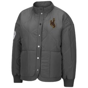 women's dark grey quilted jacket. button up closures. brown appliquéd bucking horse sewn on left chest