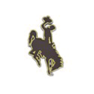 bucking horse shaped auto emblem. brown with gold outline