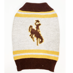 knit pet sweater. gold, brown, and white striping. large brown bucking horse with gold outline on front center