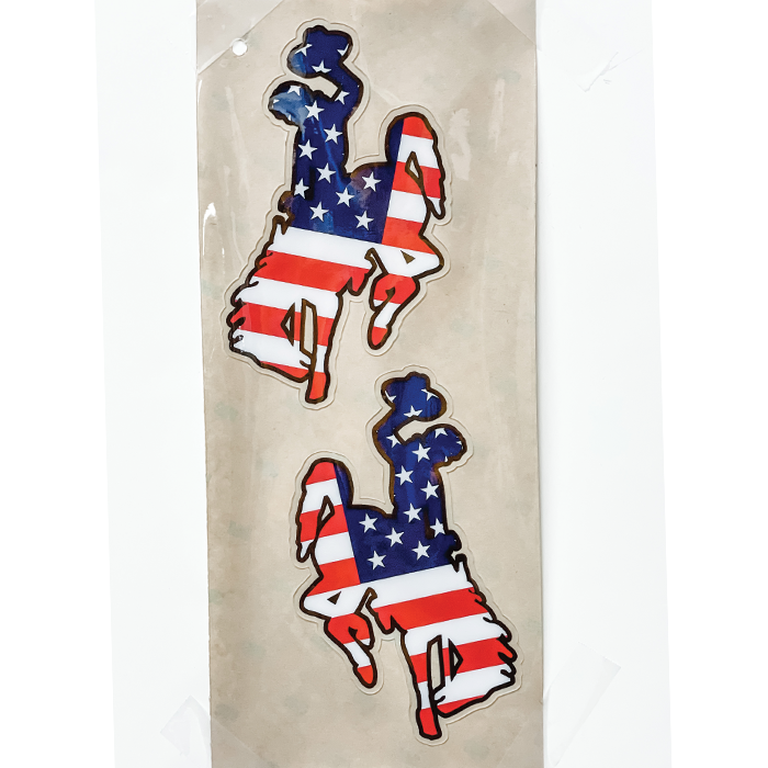 set of 2, durable helmet bucking horse decals. Approximately 6 inches tall, USA flag printed inside of bucking horses