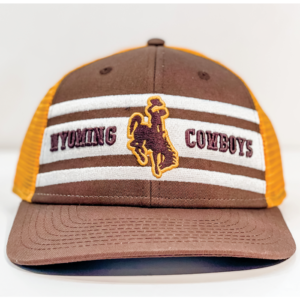 brown structured, adjustable hat with gold mesh back. front is white stripes with slogan Wyoming Cowboys and bucking horse in the center embroidered in brown