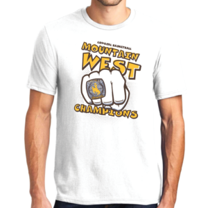 white, short sleeved tee. Cowgirls Basketball Mountain West Champions 2021 design printed on front