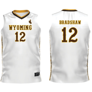 white basketball jersey. McKinley Bradshaw and number 12 printed in brown with gold outline on jersey