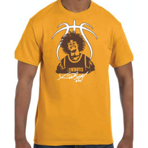 youth sized gold, short sleeved tee. Design is Xavier Dusell Basketball design in brown and white