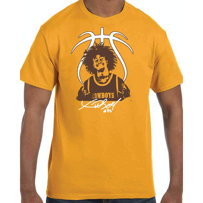 youth sized gold, short sleeved tee. Design is Xavier Dusell Basketball design in brown and white