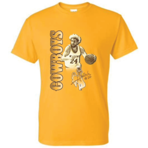 youth sized gold, short sleeved tee. Design is Hunter Maldonado Basketball Basketball design in brown and white