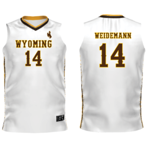 white basketball Quinn Weidemann jersey. Wyoming and number 14 printed on front. Weidemann and number 14 printed on back.