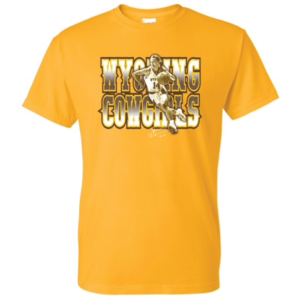 gold, short sleeved tee. Design is Quinn Weidemann Cowgirl Basketball logo in brown and white on front of tee