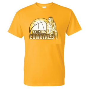 youth sized gold, short sleeved tee. Design is Tommi Olson Cowgirl Basketball print in brown and white on front of tee