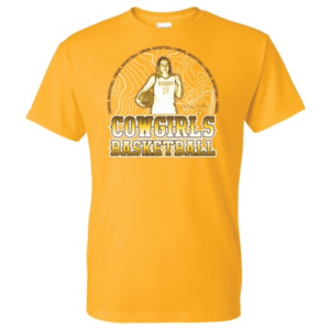 youth sized gold, short sleeved tee. Design is McKinley Bradshaw Cowgirl Basketball logo in brown and white on front of tee