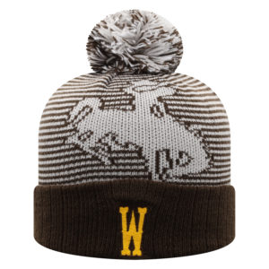 youth, knit beanie with cuff and pom. block W embroidered in gold on front cuff, with large bucking horse logo and striping knit into the body on front and back of beanie in brown