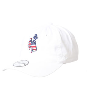 white, unstructured adjustable hat. USA flag inside bucking horse embroidered on front center of hat