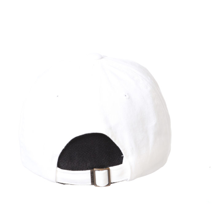 back view of white, unstructured adjustable hat. metal clasp, loop adjustable closure