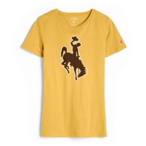 women's gold short sleeved tee with scoop neckline with large brown bucking horse printed on the front in brown with white outline