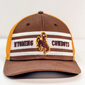 brown structured, flex fit hat with gold mesh back. front is white stripes with slogan Wyoming Cowboys and bucking horse in the center embroidered in brown