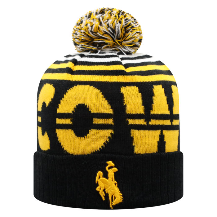 black knit beanie with cuff and pom. gold and white stripes at top, with word Cowboys in gold around beanie. gold bucking horse embroidered on front cuff