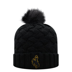 black, thick knit beanie with faux fur pom. brown bucking horse with gold outline embroidered on front cuff