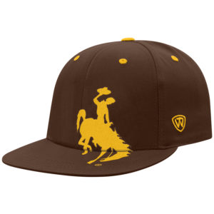 youth, brown adjustable flat bill hat. large gold bucking horse printed on bill and body of hat.