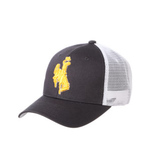 structured, adjustable hat. grey body and bill with white mesh back. gold embroidered bucking horse with white outline on front of hat