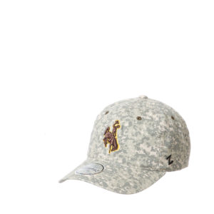 unstructured, adjustable hat in green digital camouflage. brown bucking horse with gold outline embroidered on front of hat.
