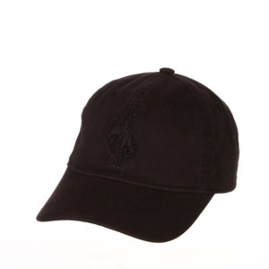 black, unstructured adjustable hat. tonal black bucking horse embroidered on front center of hat