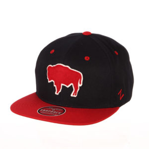 adjustable, flat bill hat. red bill and navy body. red buffalo with white outline appliquéd on front of hat