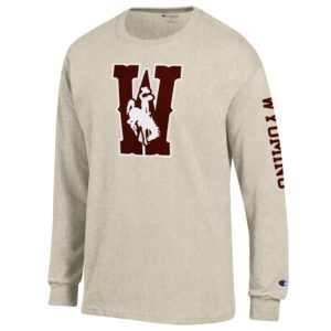 oatmeal colored long sleeved tee. Large W with bucking horse inside printed on front in white and brown. Word Wyoming printed down left sleeve in brown