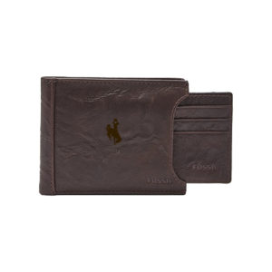 brown leather wallet, with slide out card holder. bucking horse stamped on front center of wallet