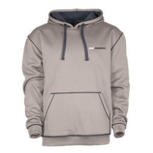 athletic material, silver colored hooded sweatshirt. front pocket, and dark drawstrings for hood. Slogan Wyo Cowboys printed small on left chest in white and brown