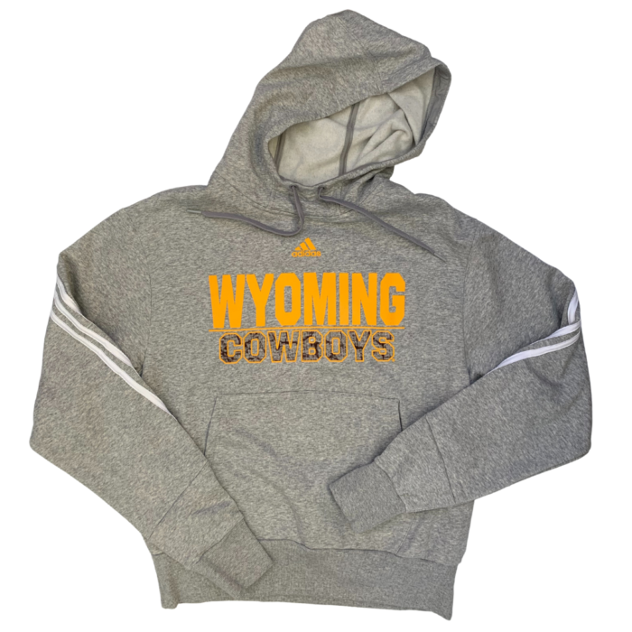Adidas grey hooded sweatshirt. shorter body style. front pocket. Adidas logo and slogan Wyoming Cowboys printed on front in gold