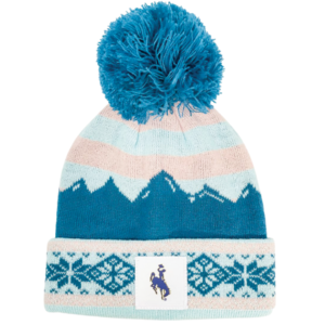 youth knit beanie with mountain design on beanie in teal and pink. teal pom and cuff. bucking horse square patch sewn on front cuff
