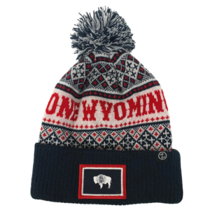 navy, white and red knit beanie with navy cuff. Slogan One Wyoming in red on beanie. fabric state Wyoming patch sewn on front of cuff