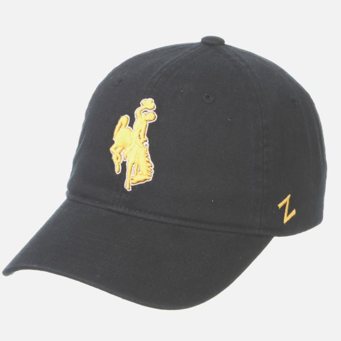 charcoal grey, unstructured adjustable hat. gold bucking horse with white outline embroidered on front of hat