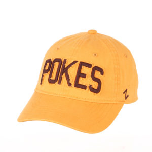 gold, unstructured adjustable hat. Women's style with word Pokes on the front in brown raised fabric