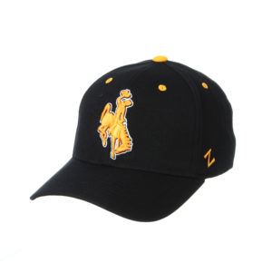 black, flex fit hat. gold bucking horse with white outline embroidered on front of hat. gold eyelets. gold Z logo embroidered on left side