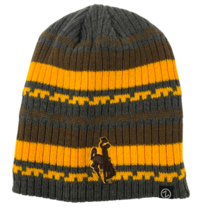 ribbed knit beanie with grey, brown, and gold horizontal stripes. brown bucking horse with gold outline embroidered on front center of beanie