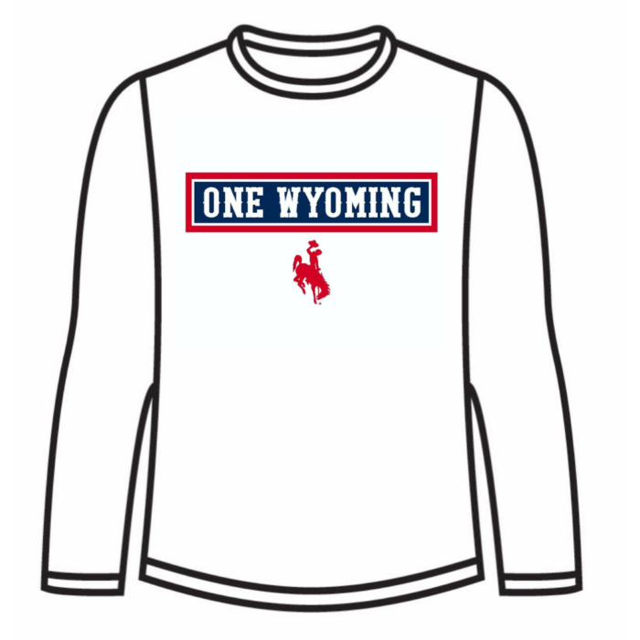 white, long sleeved tee. Slogan One Wyoming and bucking horse printed in navy and red on front of tee