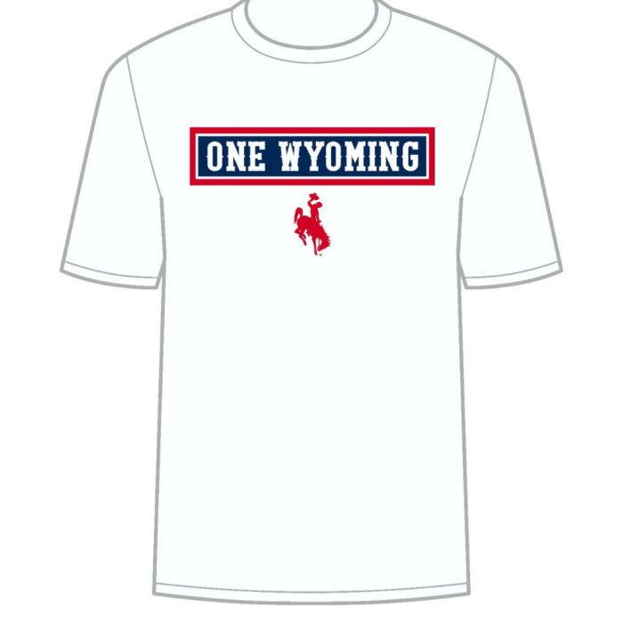 white, short sleeved tee. Slogan One Wyoming and bucking horse printed in navy and red on front of tee