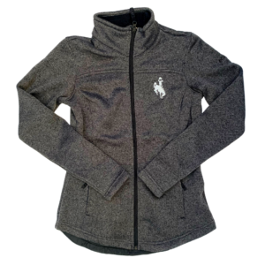 women's fleece full zip Columbia brand jacket. black speckled fabric with black trim. small silver bucking horse embroidered on left chest