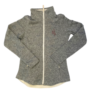 women's fleece full zip Columbia brand jacket. grey speckled fabric with cream trim. small brown bucking horse embroidered on left chest