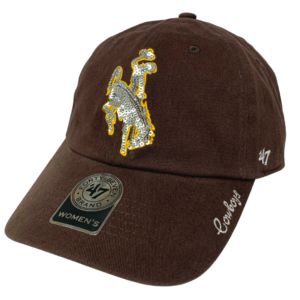 adjustable, brown hat with silver sequin bucking horse logo on front, word Cowboys embroidered on bill in white