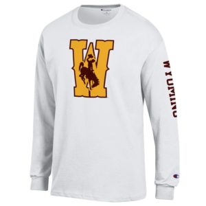 white long sleeved tee. Large W with bucking horse inside printed on front in gold and brown. Word Wyoming printed down left sleeve in brown
