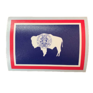 rectangular decal that is the wyoming state flag with a white buffalo in the center, blue background, and red outline