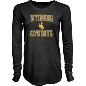 black women's fit long sleeved t-shirt with "Wyoming Cowboys" in brown with a gold outline and a gold bucking horse in the center