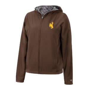 reversible, full zip jacket with hood and pockets. outer is brown with gold bucking horse on left chest, inner lining is grey abstract pattern