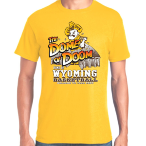 gold unisex short sleeve t-shirt with a large design on the front that includes pistol Pete at the top of the arena auditorium with the wording "dome of doom" and "home of Wyoming Basketball" at the bottom of the design