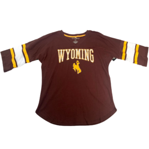 women's tee with 3/4 length sleeves that have one gold stripe on either side of a white mesh middle stripe on each sleeve; "Wyoming" and bucking horse printed in the center