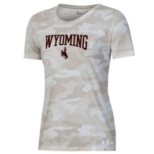 women's short sleeved tee with off white camouflage pattern. Word Wyoming arced with bucking horse below printed in brown on front of tee