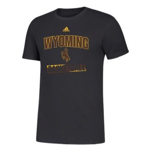 black Adidas short sleeved t shirt with large slogan Wyoming Basketball and bucking horse printed on the front in brown and gold